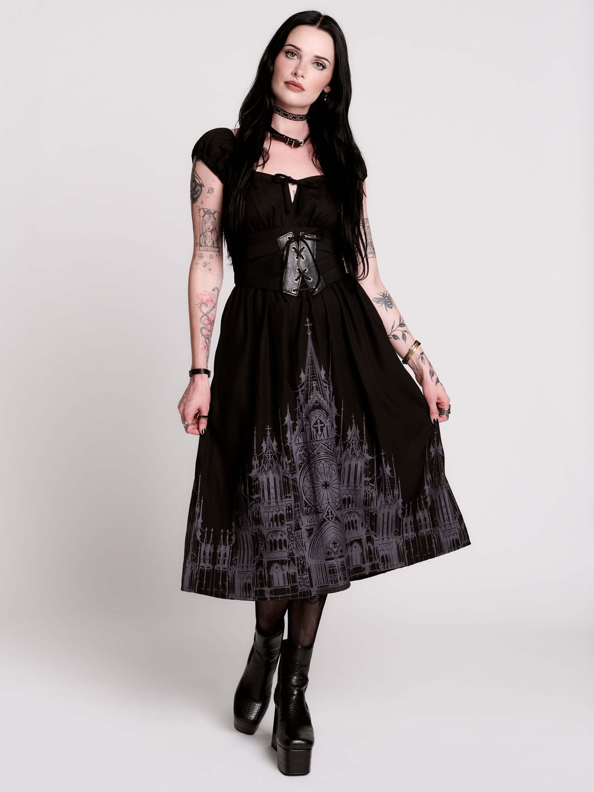 Midi Dress With Cathedral Print and Corset Detail Midi Dress With Cathedral Print and Corset Detail — Gothic Outfits