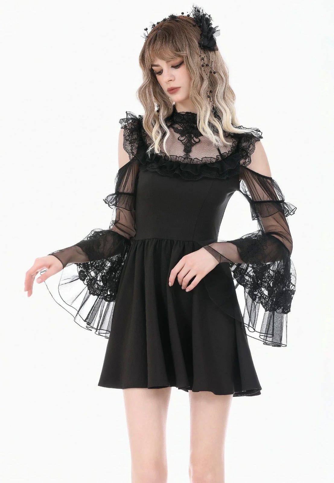 Gothic Mini Dress With Cold Shoulder Mesh Sleeves Gothic Mini Dress With Cold Shoulder Mesh Sleeves — Gothic Outfits