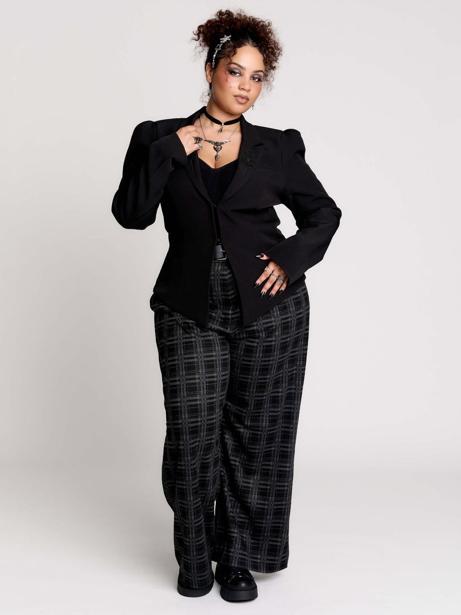 Black Blazer With Plaid Wide-Leg Trousers Black Blazer With Plaid Wide-Leg Trousers — Gothic Outfits