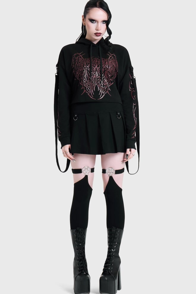 Cropped Hoodie With Graphic Print and Pleated Skirt Cropped Hoodie With Graphic Print and Pleated Skirt — Gothic Outfits
