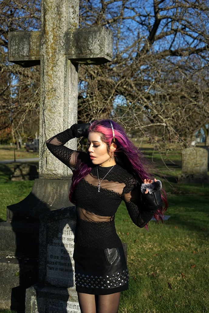 Sheer Lace Top With Leather Mini Skirt Sheer Lace Top With Leather Mini Skirt — Gothic Outfits
