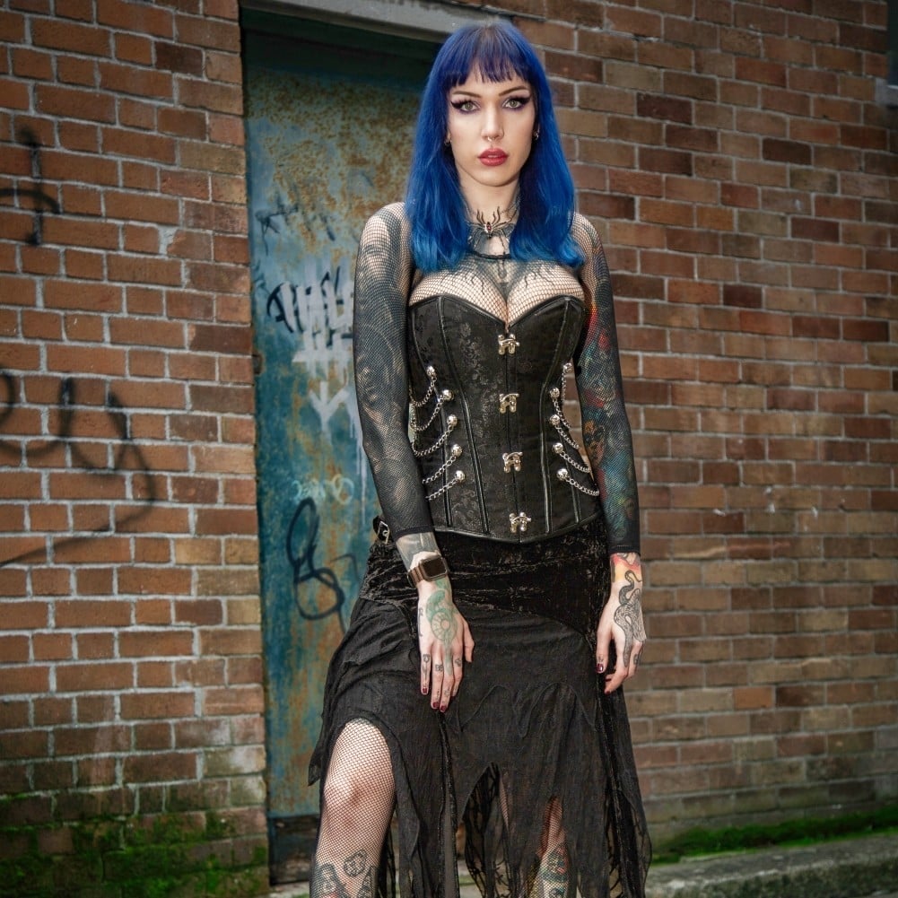 Chained Leather Corset Over Mesh Top Chained Leather Corset Over Mesh Top — Gothic Outfits
