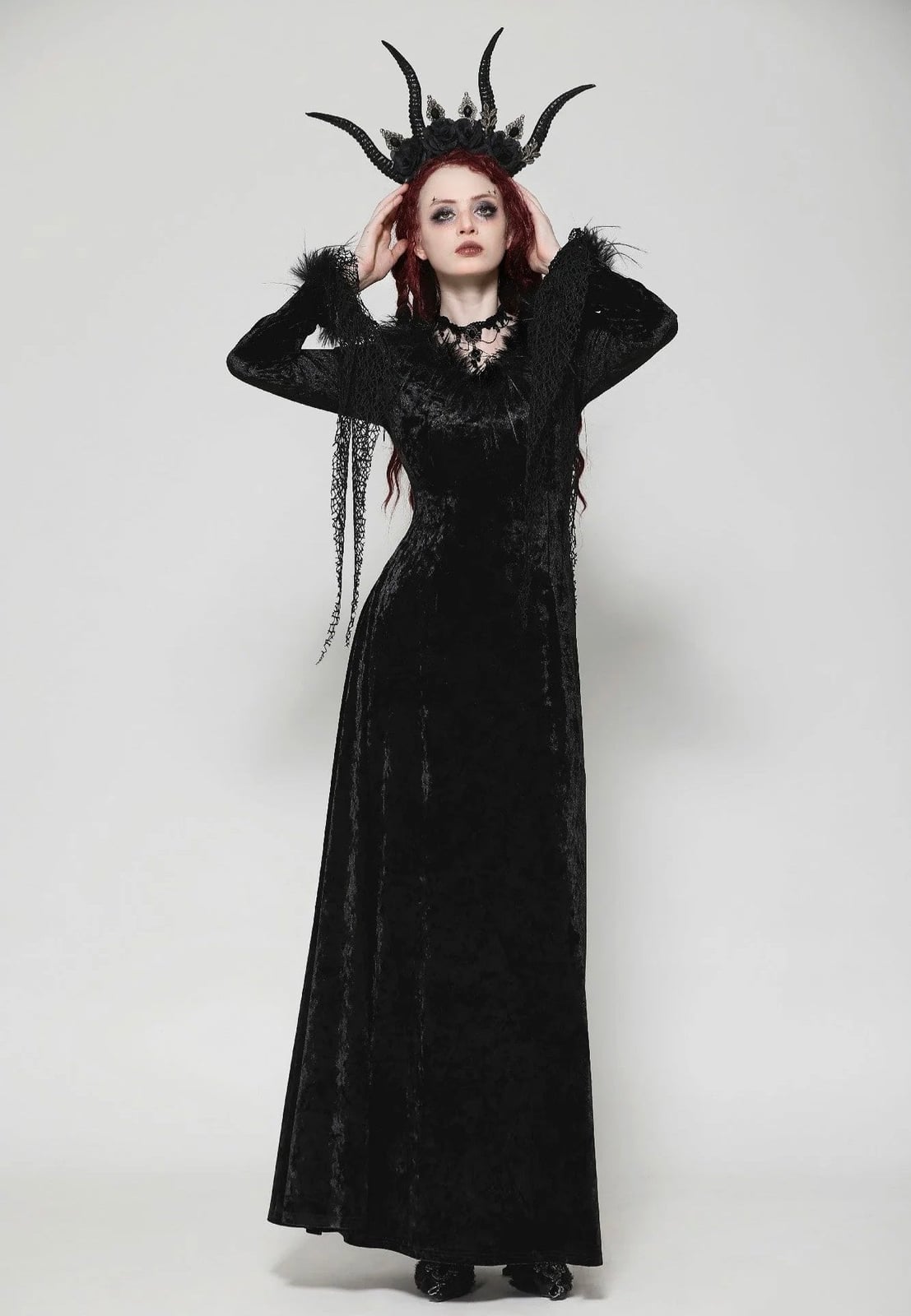 Velvet Maxi Dress With Feather Trim Velvet Maxi Dress With Feather Trim — Gothic Outfits