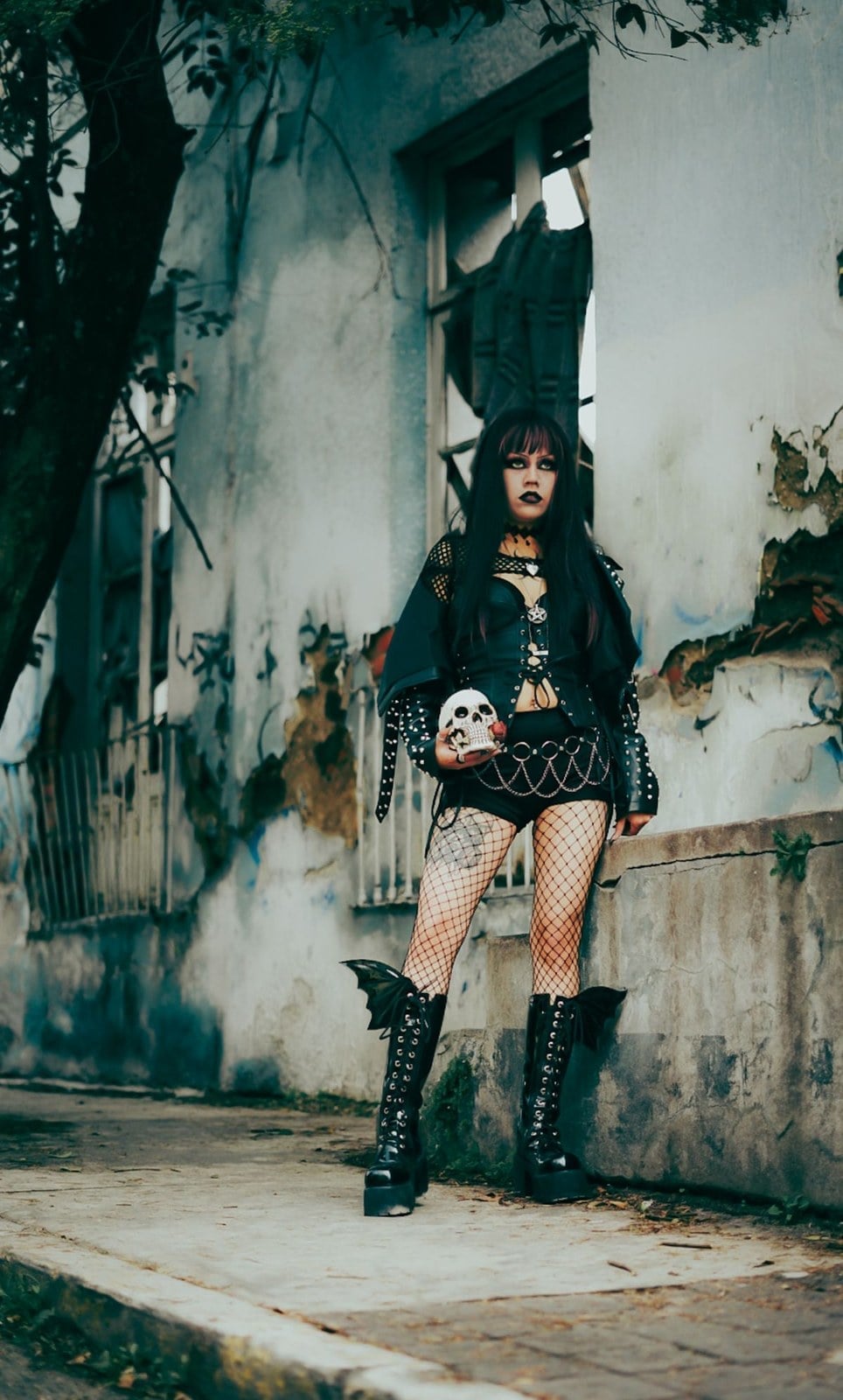 Studded Jacket Over Mesh Top and Shorts Studded Jacket Over Mesh Top and Shorts — Gothic Outfits