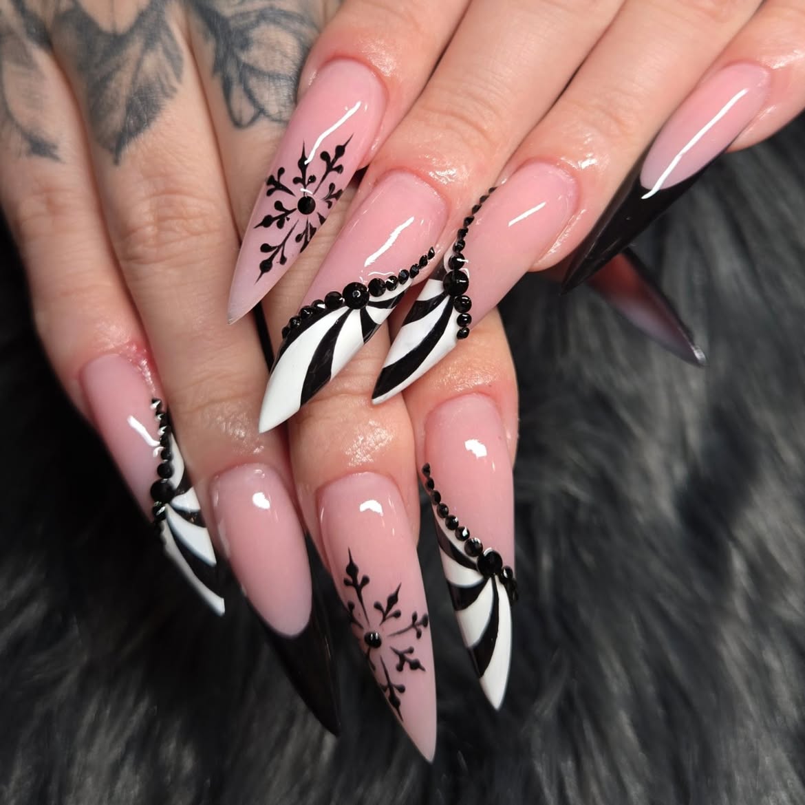 Gothic Snowflake French Tip Stiletto Nails