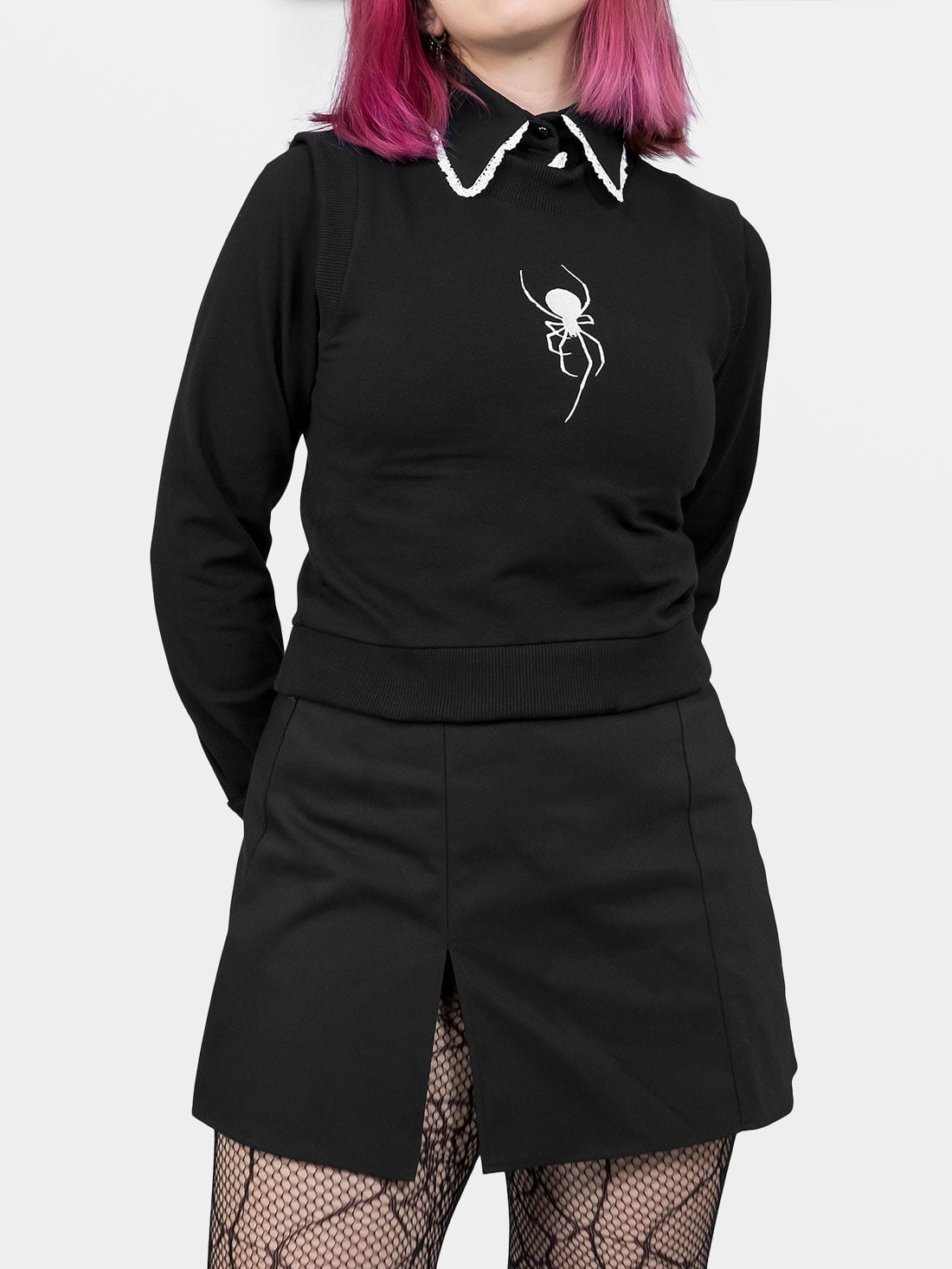Spider Graphic Sweater Over Collared Shirt Spider Graphic Sweater Over Collared Shirt — Gothic Style