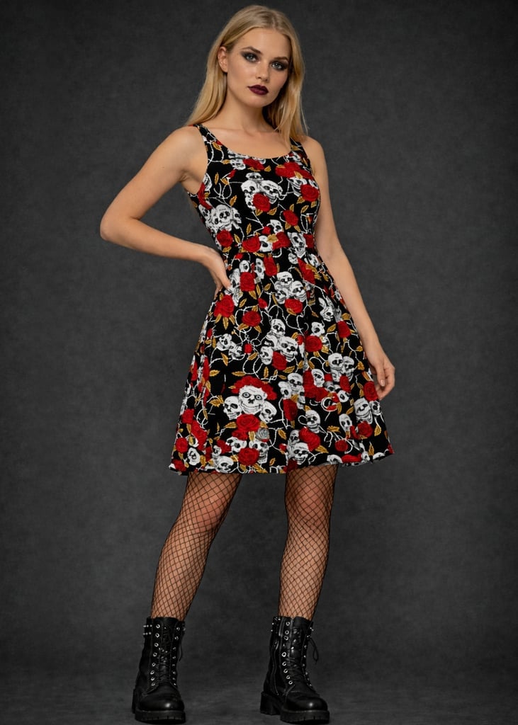 Skull and Rose Print A-Line Dress Skull and Rose Print A-Line Dress — Gothic Style