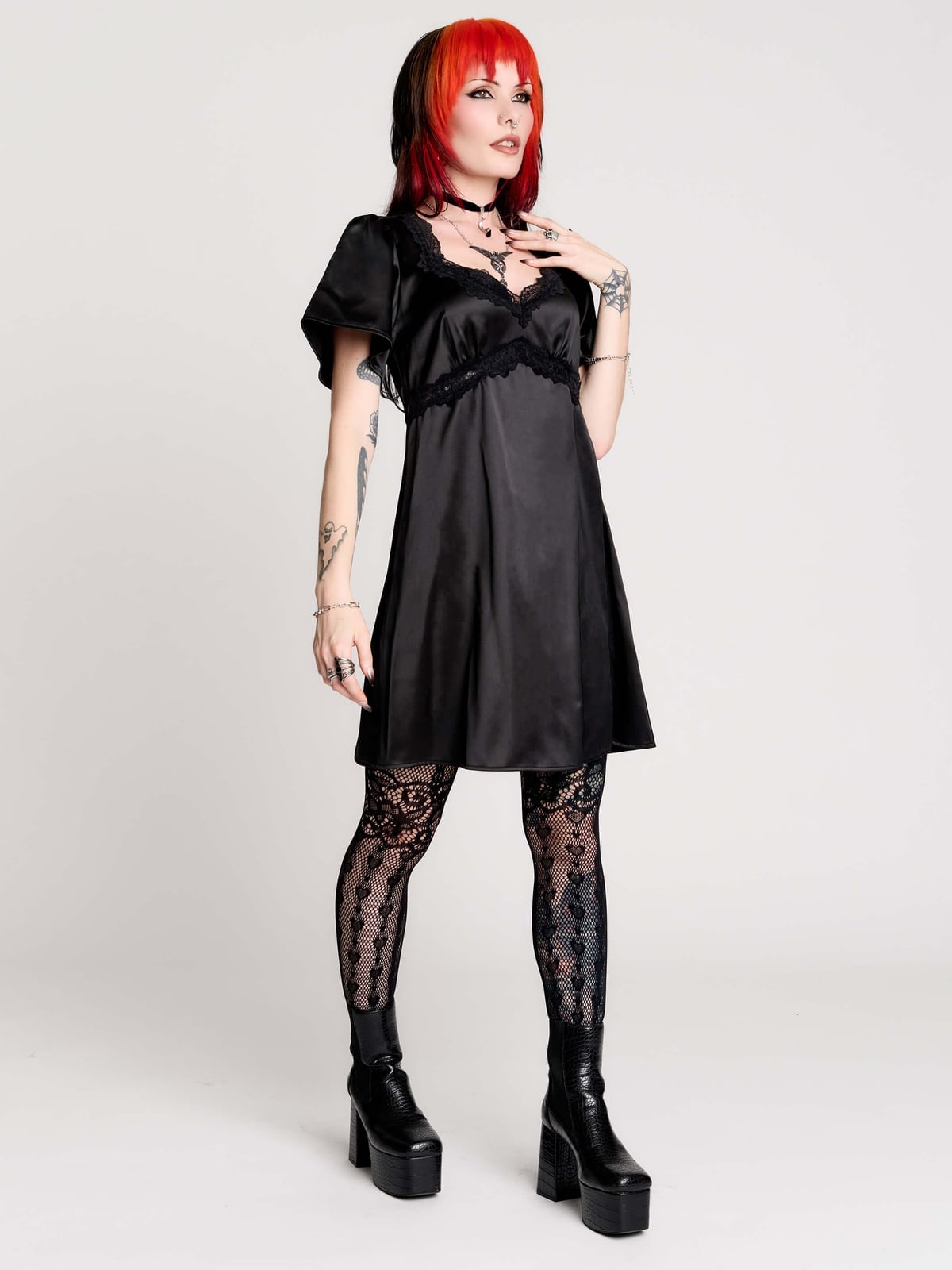 Satin Dress With Lace Trim And Tights Satin Dress With Lace Trim And Tights — Gothic Style