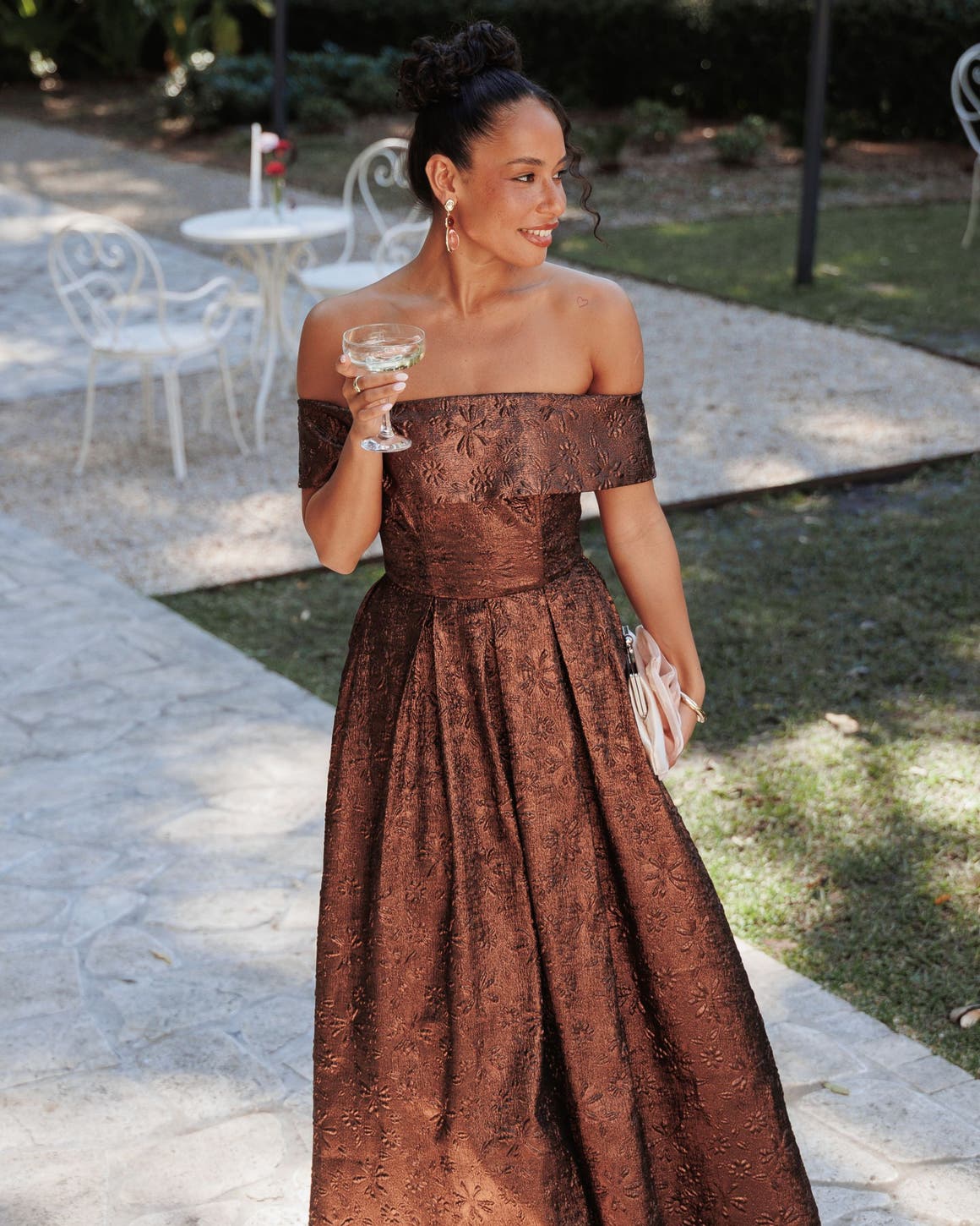 Brown Jacquard Dress with Off-the-Shoulder Neckline Brown Jacquard Dress with Off-the-Shoulder Neckline — Gowns Dresses