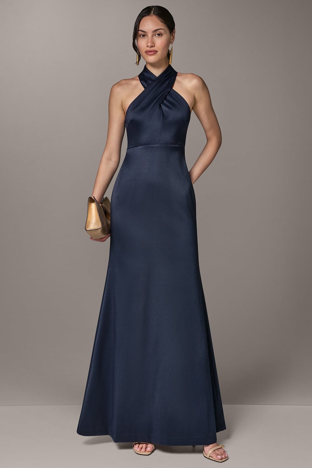 Navy Satin Halter Gown with Column Silhouette Navy Satin Halter Gown with Column Silhouette — Gowns Dresses