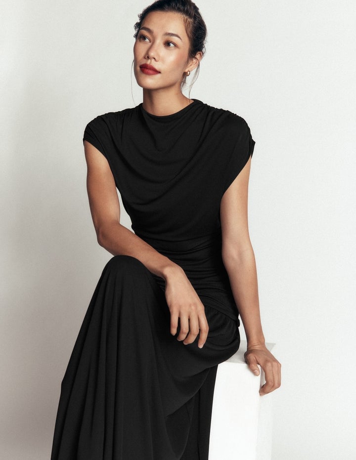 Long Black Jersey Knit Dress with Draped Neckline Long Black Jersey Knit Dress with Draped Neckline — Gowns Dresses