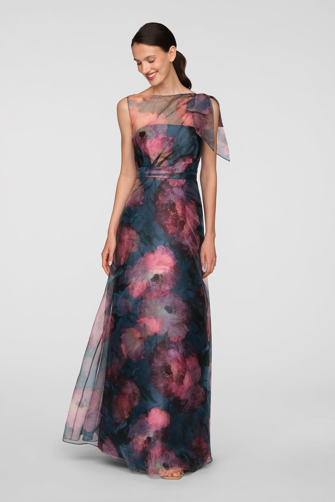 Navy Floral Print Organza A-Line Gown Navy Floral Print Organza A-Line Gown — Gowns Dresses