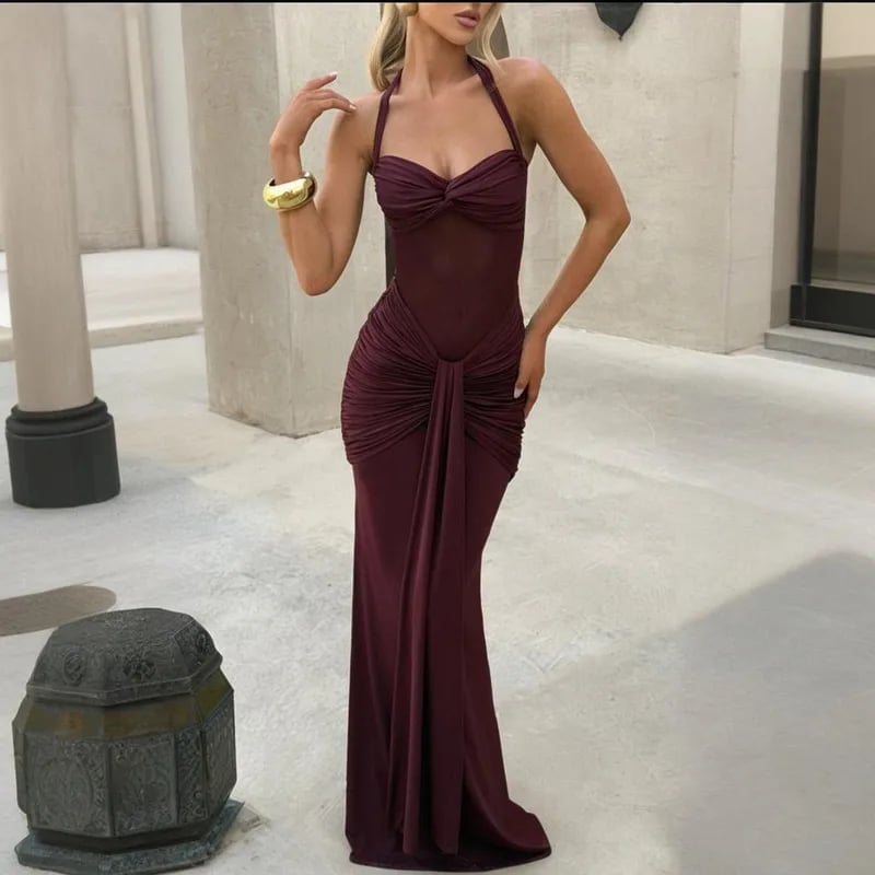 Deep Burgundy Halter Neck Gown with Ruched Knot Detail Deep Burgundy Halter Neck Gown with Ruched Knot Detail — Gowns Dresses