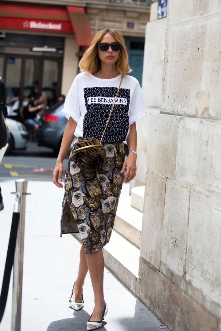 Geometric Graphic Tee With Cat Print Midi Skirt Geometric Graphic Tee With Cat Print Midi Skirt — Graphic Tee Outfits