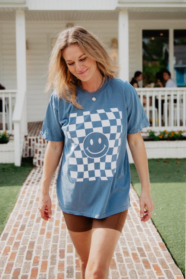 Checkered Happy Face Tee With Biker Shorts Checkered Happy Face Tee With Biker Shorts — Graphic Tee Outfits
