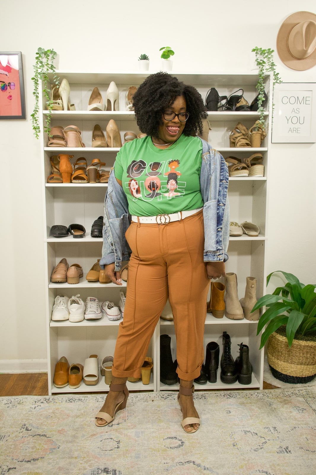 Green Graphic Tee With Orange Pants And Denim Jacket Green Graphic Tee With Orange Pants And Denim Jacket — Graphic Tee Outfits