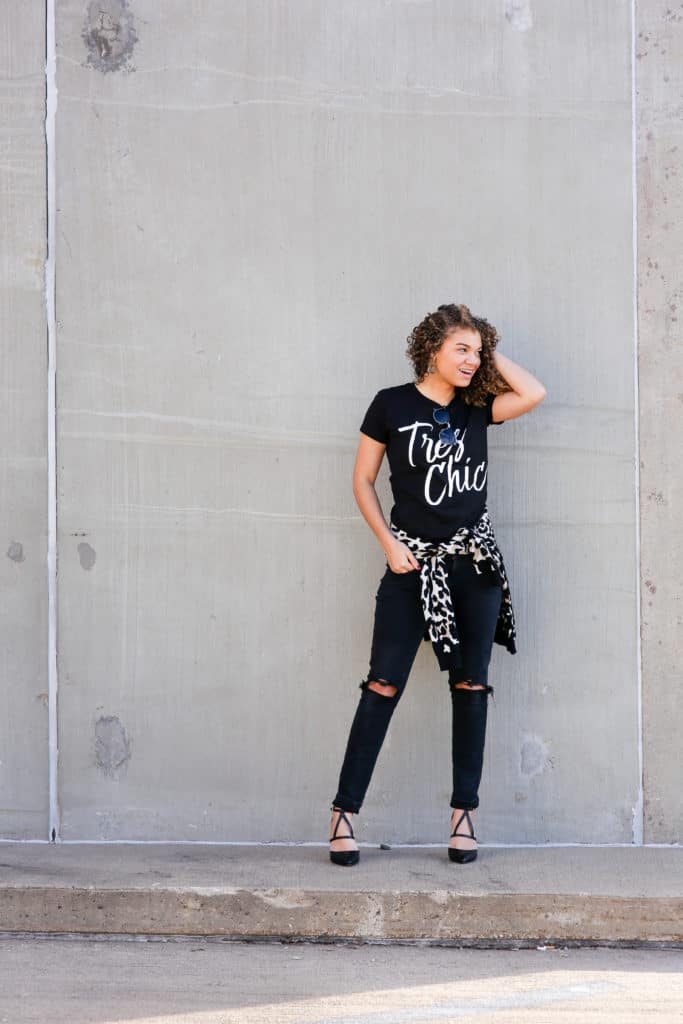 Graphic Tee With Ripped Jeans And Leopard Shirt At Waist Graphic Tee With Ripped Jeans And Leopard Shirt At Waist — Graphic Tee Outfits