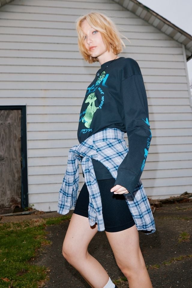 Graphic Tee With Plaid Shirt At Waist And Biker Shorts Graphic Tee With Plaid Shirt At Waist And Biker Shorts — Graphic Tee Outfits
