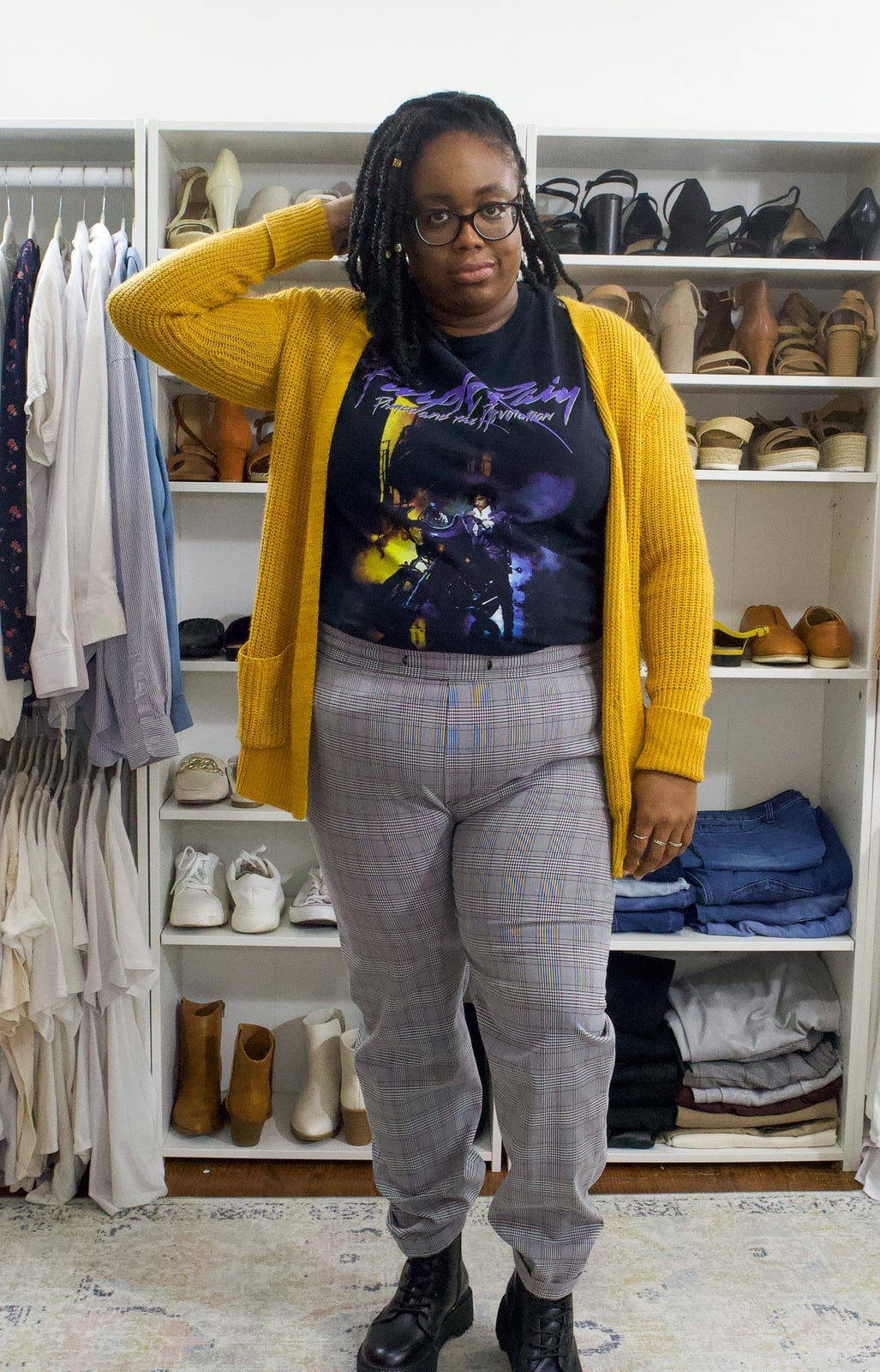 Graphic Tee Layered Under Yellow Cardigan With Plaid Pants Graphic Tee Layered Under Yellow Cardigan With Plaid Pants — Graphic Tee Outfits