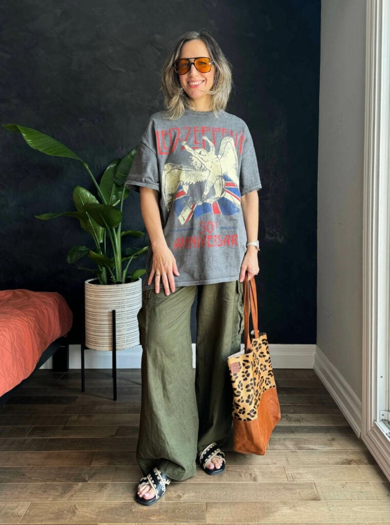 Oversized Led Zeppelin Tee With Cargo Pants And Slides Oversized Led Zeppelin Tee With Cargo Pants And Slides — Graphic Tee Outfits