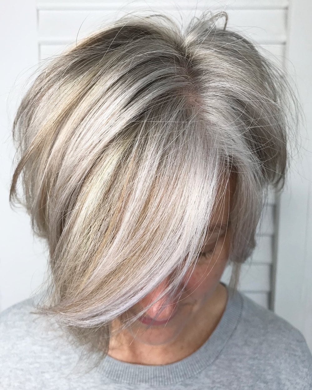 Shoulder Length With Gray Ash Blonde Highlights Shoulder Length With Gray Ash Blonde Highlights — Gray Blending