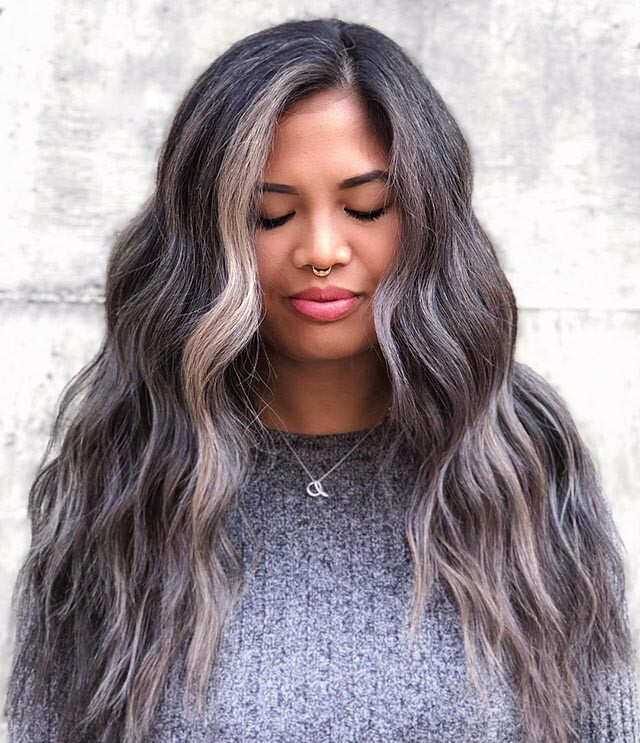 Mid-Back Length With Curtain Bangs and Gray Blend Mid-Back Length With Curtain Bangs and Gray Blend — Gray Blending