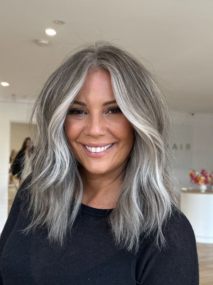 Collarbone Length With Curtain Bangs and Dimension Collarbone Length With Curtain Bangs and Dimension — Gray Blending