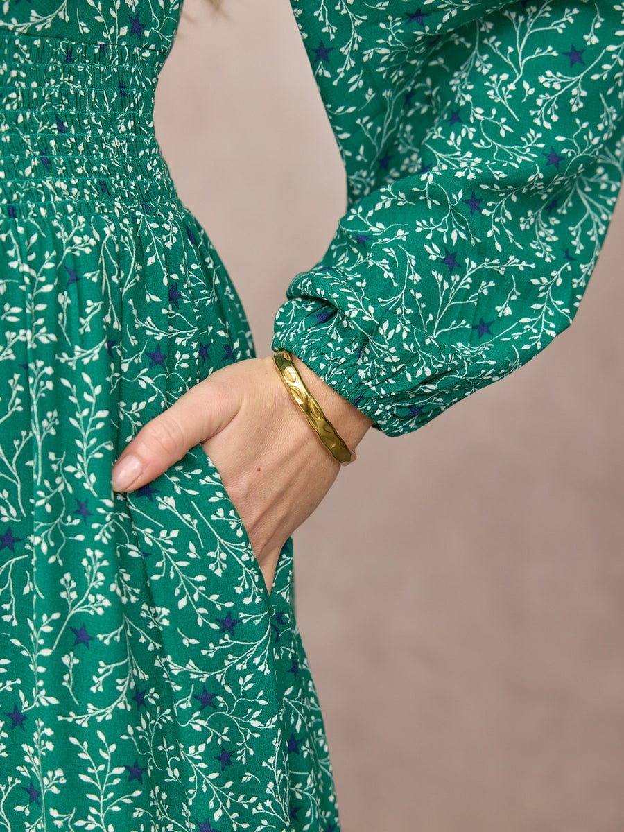 Green botanical print dress with smocked waist Green botanical print dress with smocked waist — Green Dress