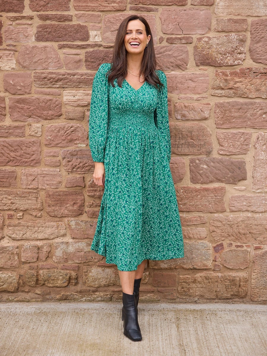 Green midi dress with white botanical print Green midi dress with white botanical print — Green Dress
