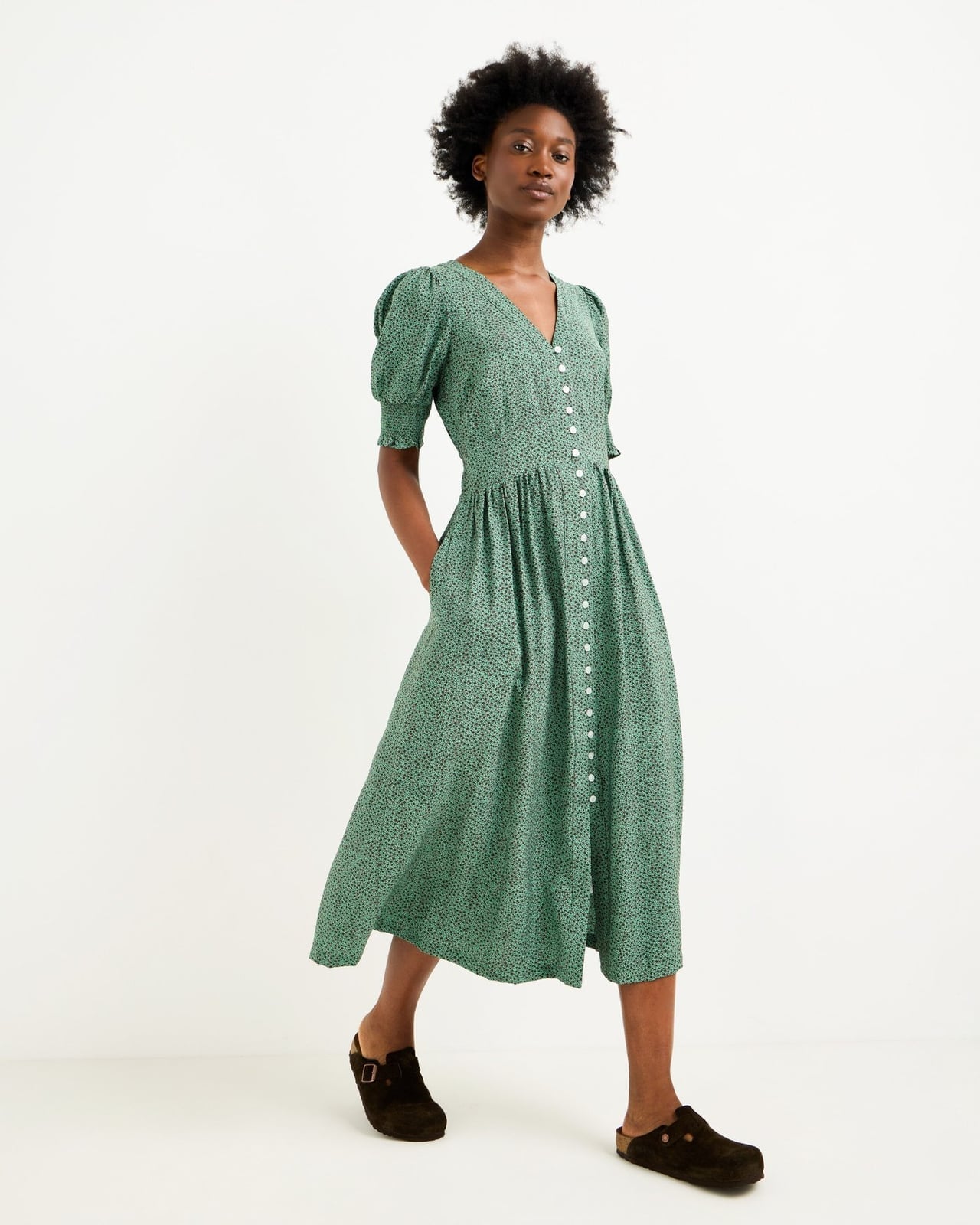 Green polka dot midi dress for casual wear Green Dress