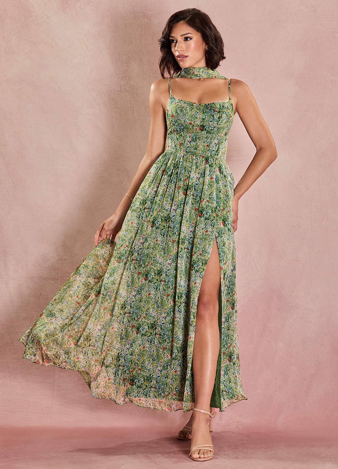 Green floral print maxi dress with high slit Green floral print maxi dress with high slit — Green Dress