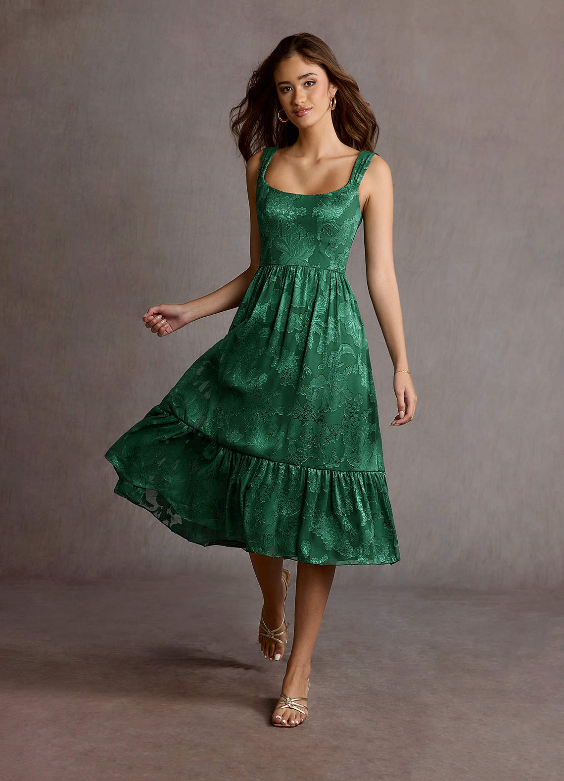 Dark green jacquard midi dress with tiered hem Dark green jacquard midi dress with tiered hem — Green Dress