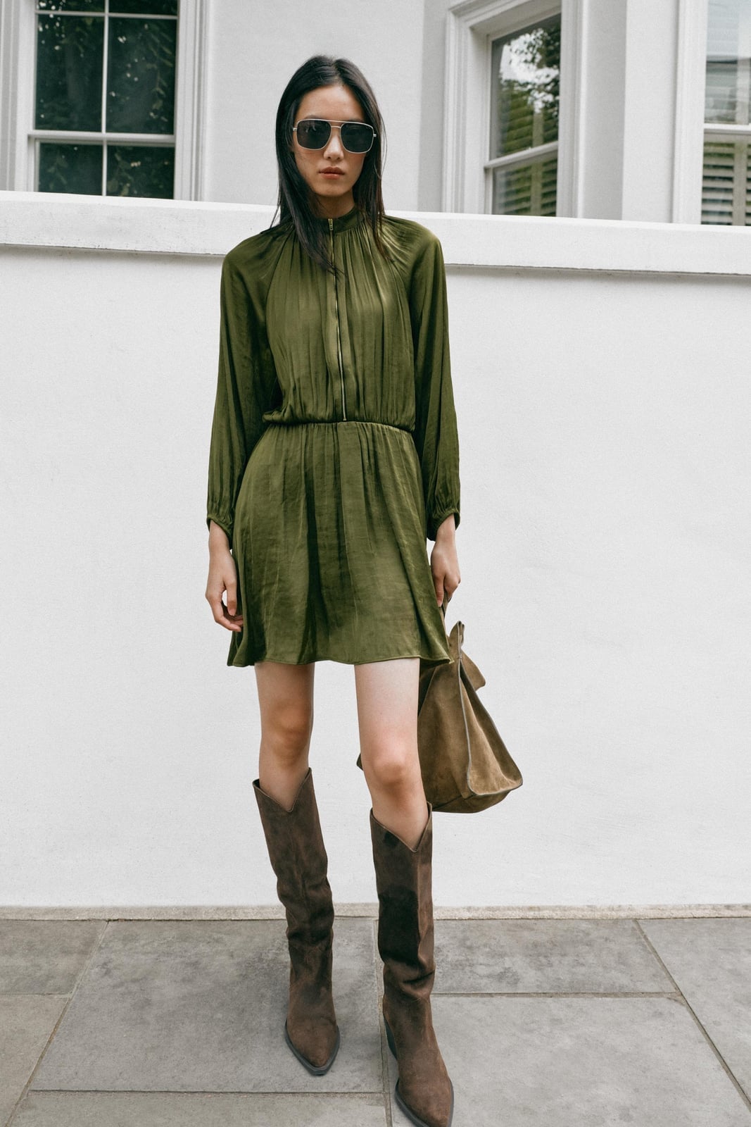 Olive green silky mini dress for autumn Olive green silky mini dress for autumn — Green Dress