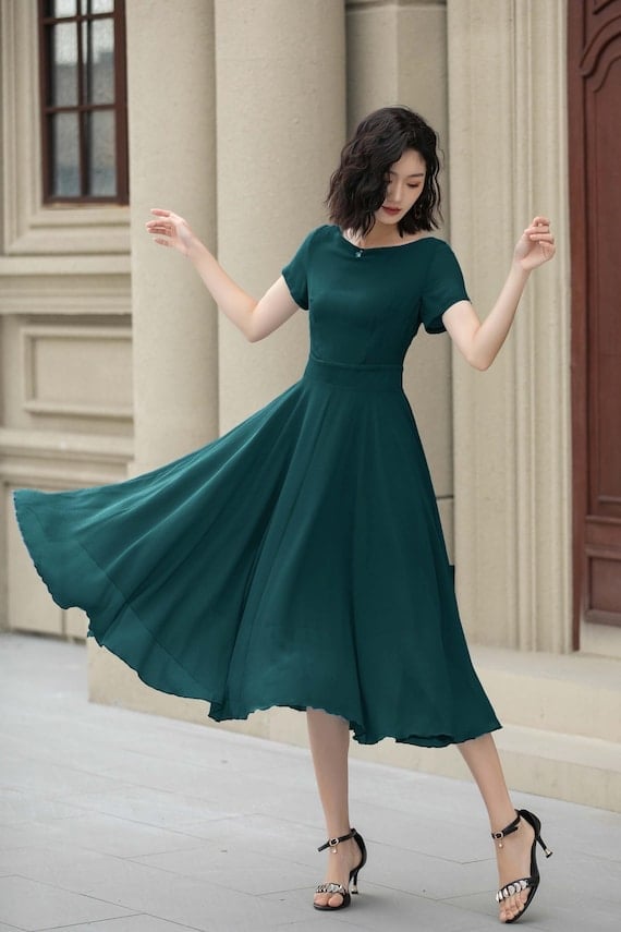 Teal green short-sleeved midi dress for daytime Teal green short-sleeved midi dress for daytime — Green Dress