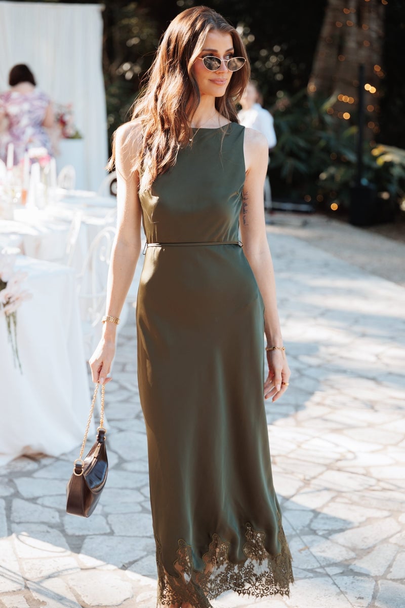 Olive green satin slip dress with lace trim Olive green satin slip dress with lace trim — Green Dress