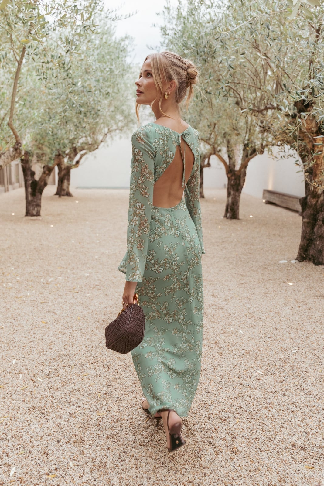 Sage Green Floral Print Maxi Dress With Open Back, Close-Up Take Sage Green Floral Print Maxi Dress With Open Back, Close-Up Take — Green Dress Outfit