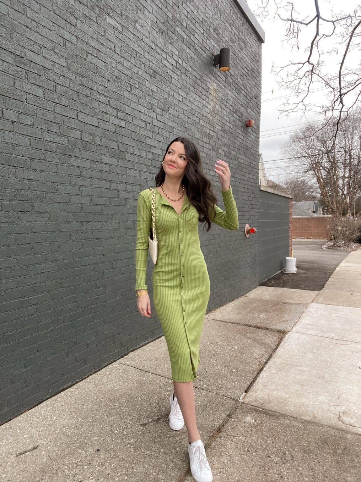 Lime Green Ribbed Knit Midi Dress With Button Front, Close-Up Take Lime Green Ribbed Knit Midi Dress With Button Front, Close-Up Take — Green Dress Outfit
