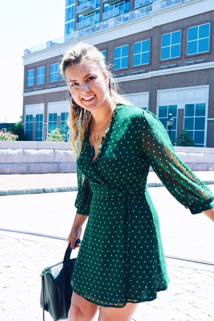 Dark Green Polka Dot Wrap Dress With Sheer Sleeves Dark Green Polka Dot Wrap Dress With Sheer Sleeves — Green Dress Outfit