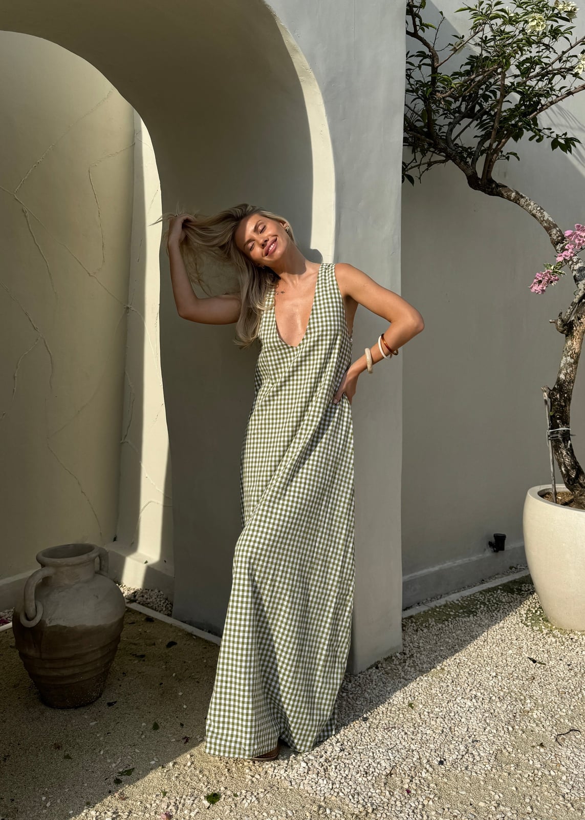 Olive Green White Gingham Maxi Dress, Stacked Bracelets Olive Green White Gingham Maxi Dress, Stacked Bracelets — Green Dress Outfit