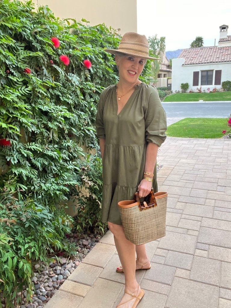 Olive Green Tiered Midi Dress With Straw Accessories, Tan Flat Sandals Olive Green Tiered Midi Dress With Straw Accessories, Tan Flat Sandals — Green Dress Outfit