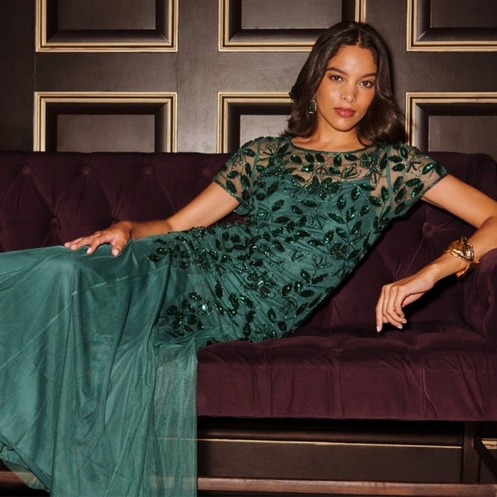 Emerald Green Beaded Dress With Sheer Overlay Emerald Green Beaded Dress With Sheer Overlay — Green Dress Outfit