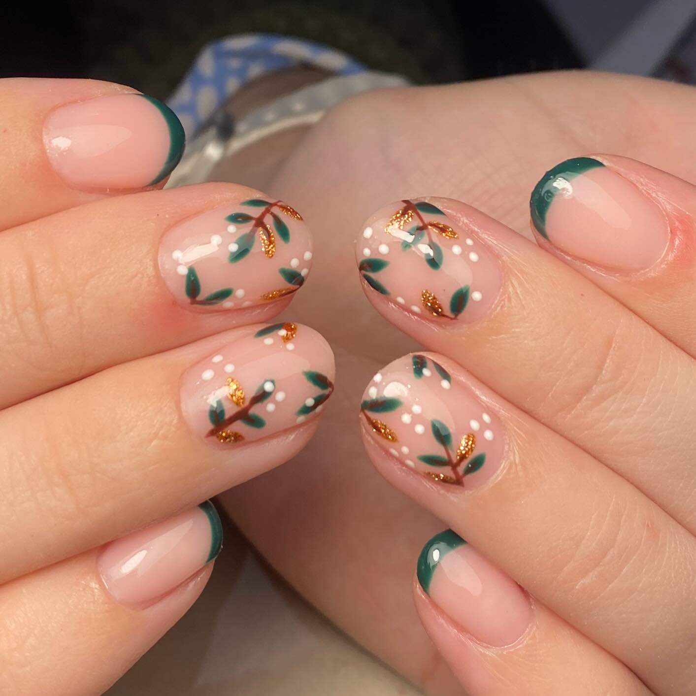 Green & Gold Leaf French Tip Nails