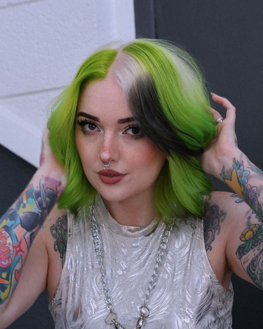 Black and Green Split Dye Bob Black and Green Split Dye Bob — Green Hair