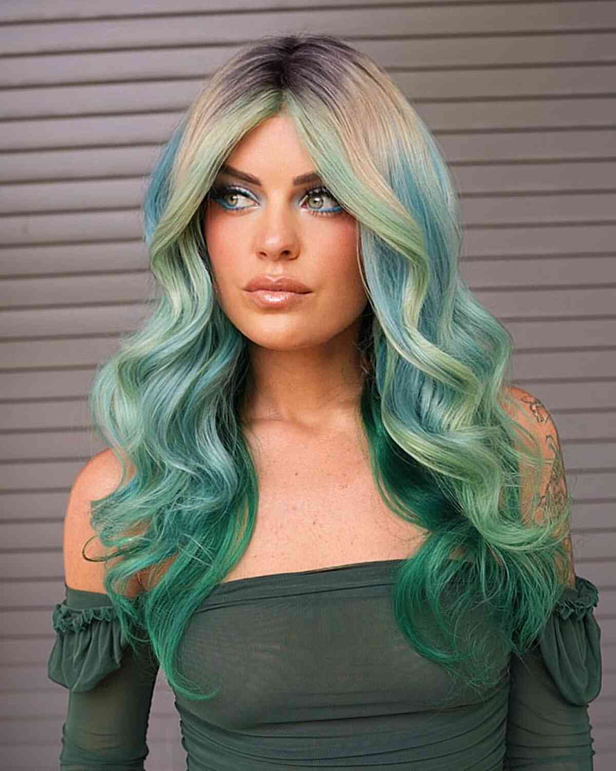 Blonde to Green Balayage Collarbone Lob Blonde to Green Balayage Collarbone Lob — Green Hair
