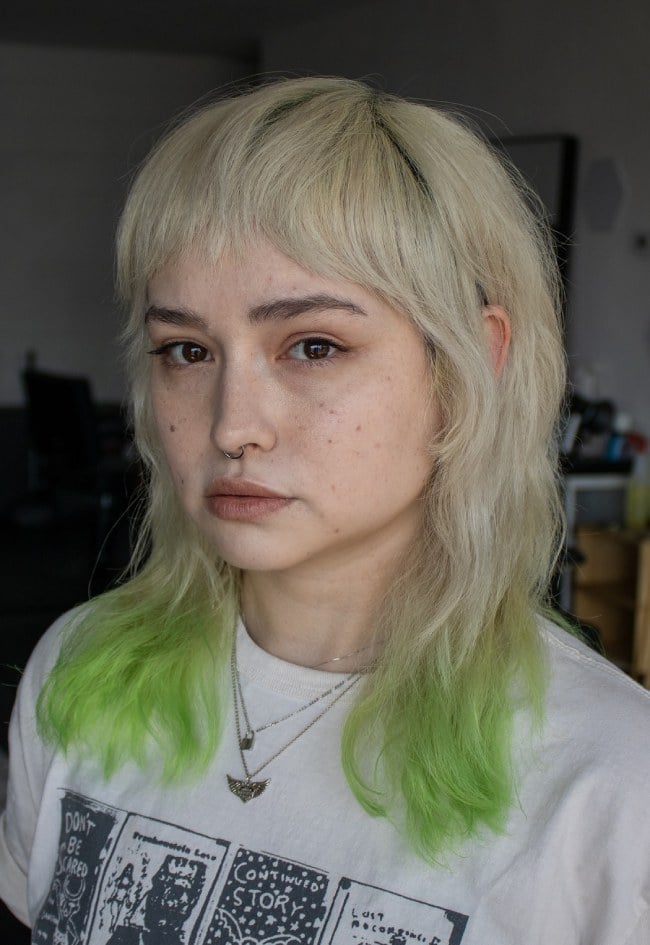 Platinum Blonde With Neon Green Ends Shag Platinum Blonde With Neon Green Ends Shag — Green Hair