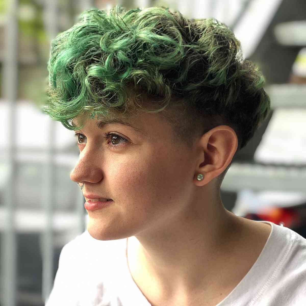 Ash Green Undercut With Curls Ash Green Undercut With Curls — Green Hair