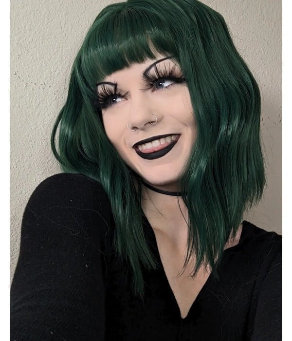 Dark Green Bob With Straight Fringe Dark Green Bob With Straight Fringe — Green Hair