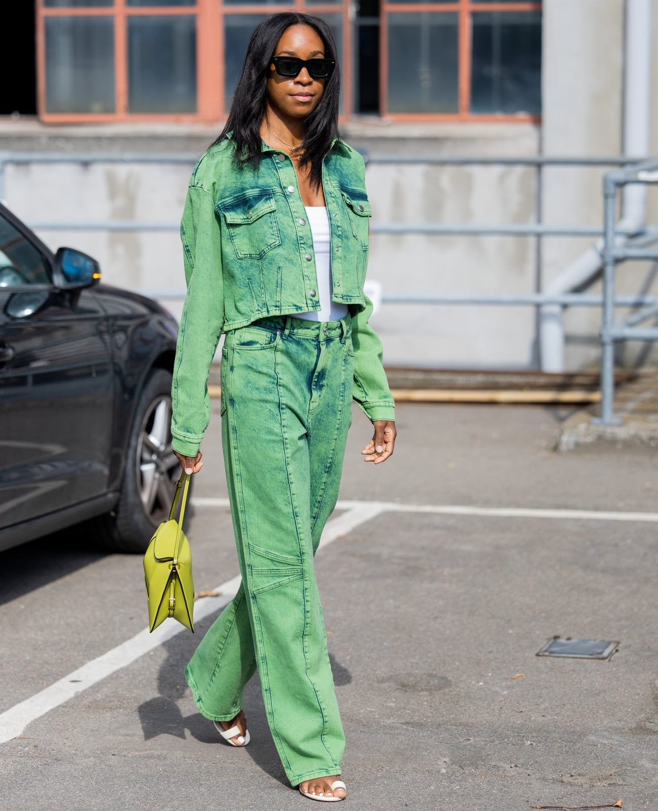 Bright Green Denim Set With Wide Leg Jeans Bright Green Denim Set With Wide Leg Jeans — Green Jeans Outfits