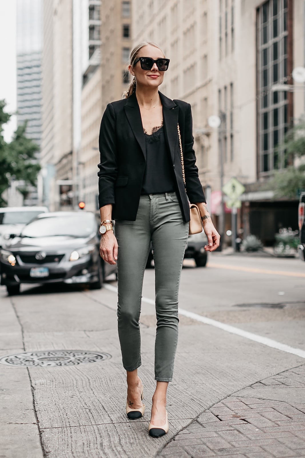 Olive Green Skinny Jeans With Black Blazer, Nude Pointed Toe Heels Olive Green Skinny Jeans With Black Blazer, Nude Pointed Toe Heels — Green Jeans Outfits