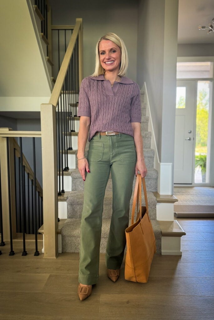 Wide Leg Green Pants With Cable Knit Polo, Pointed Toe Heels Wide Leg Green Pants With Cable Knit Polo, Pointed Toe Heels — Green Jeans Outfits